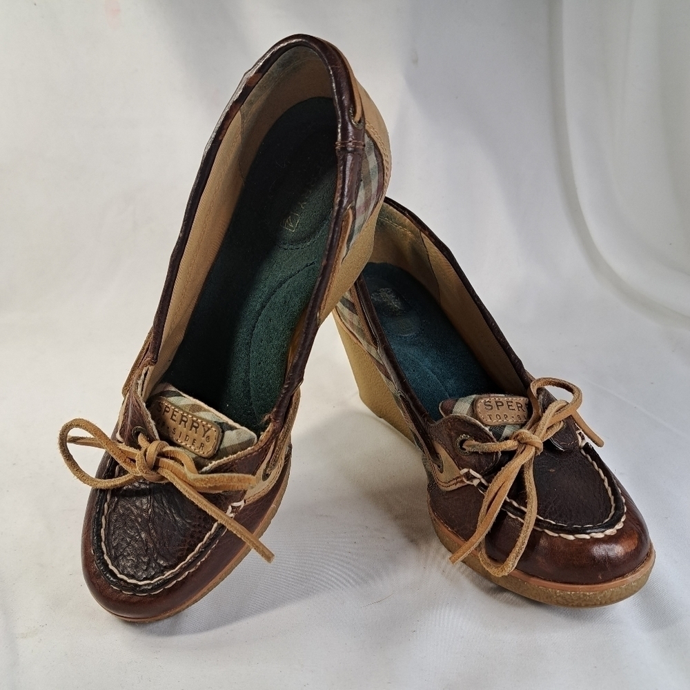 SPERRY Brown w/Brown Plaid Wedged Top Sider Loafer Women's Size 7